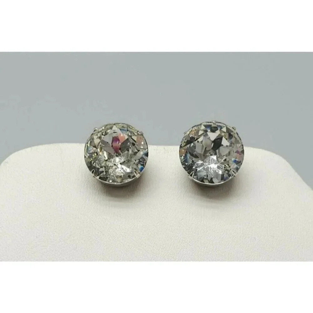 Large Clear Acrylic Rhinestone Silver Tone Vintage Screw Back Earrings